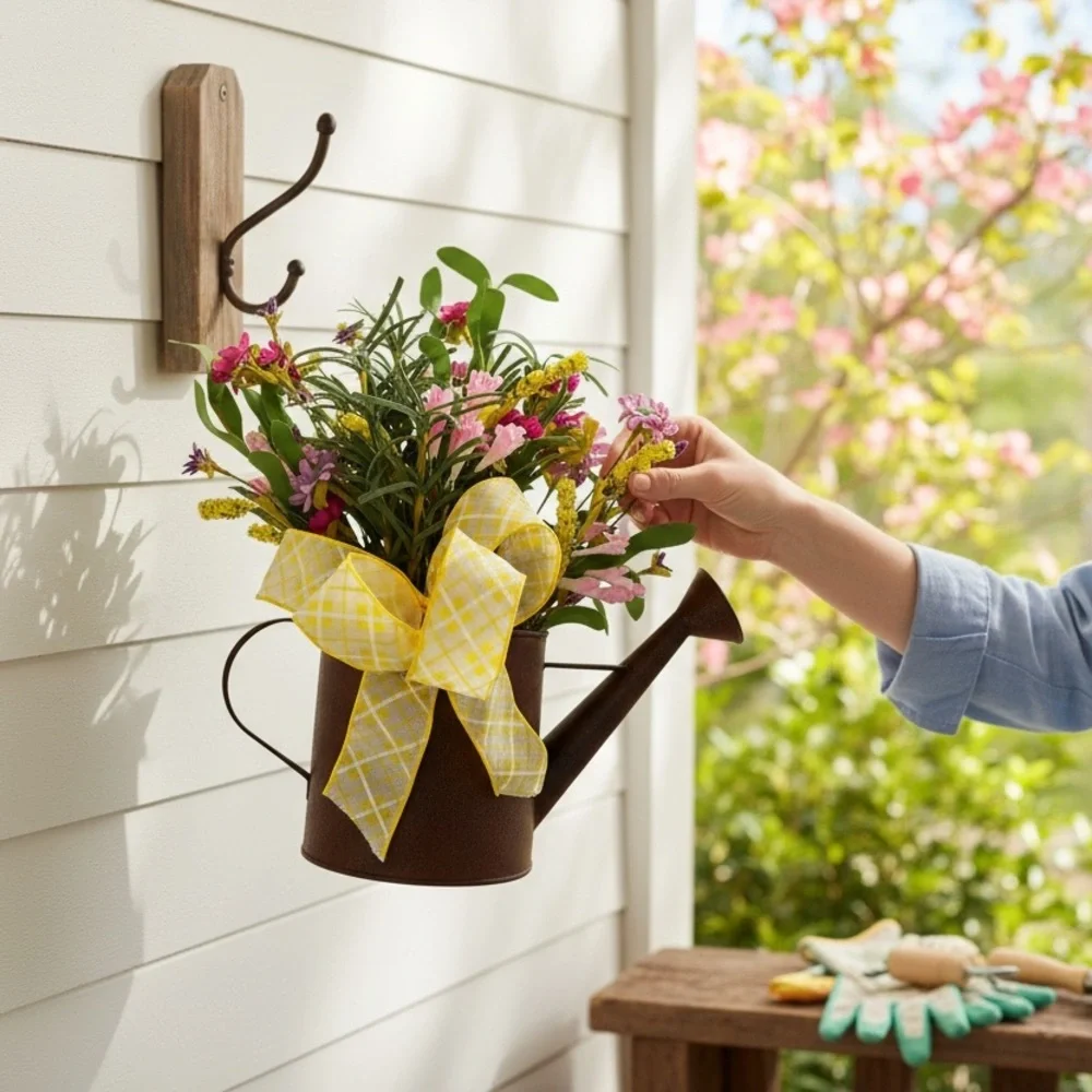 Charming Brown metal Watering Can with Floral Arrangement and sunny bow!